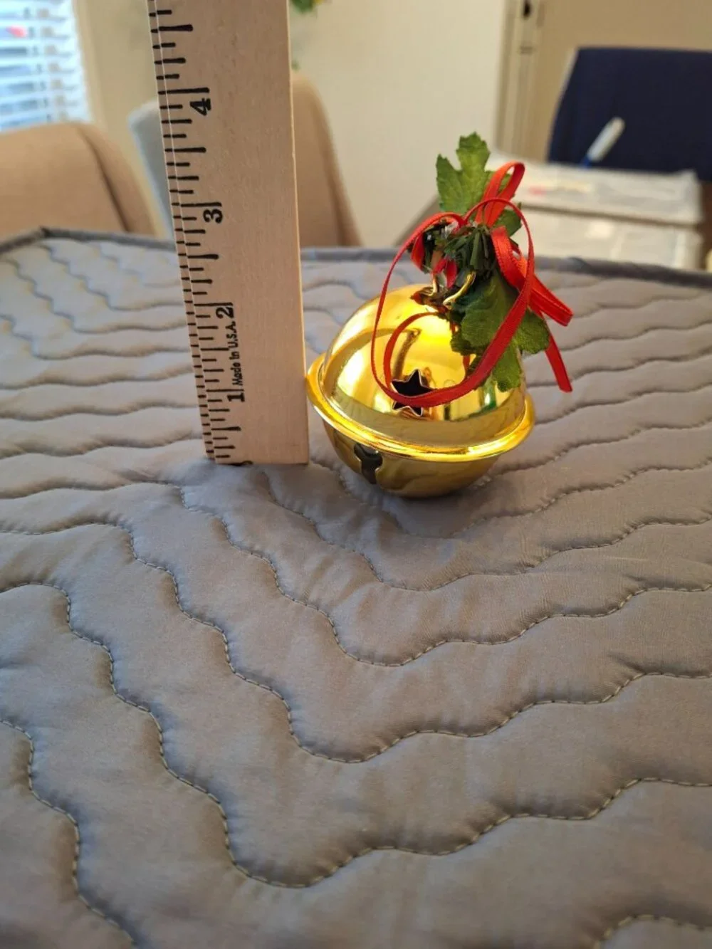 Vintage Gold Jingle Bell Christmas Ornament Red Ribbon Holly Holiday Decor
